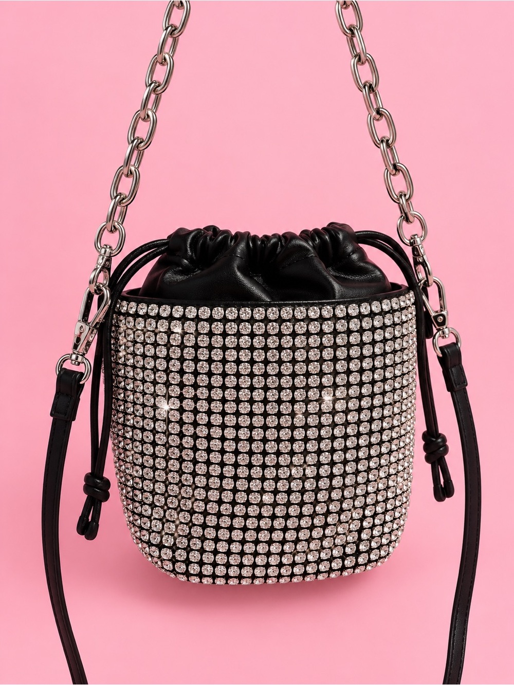 Rhinestone Bucket Crossbody Bag - Black